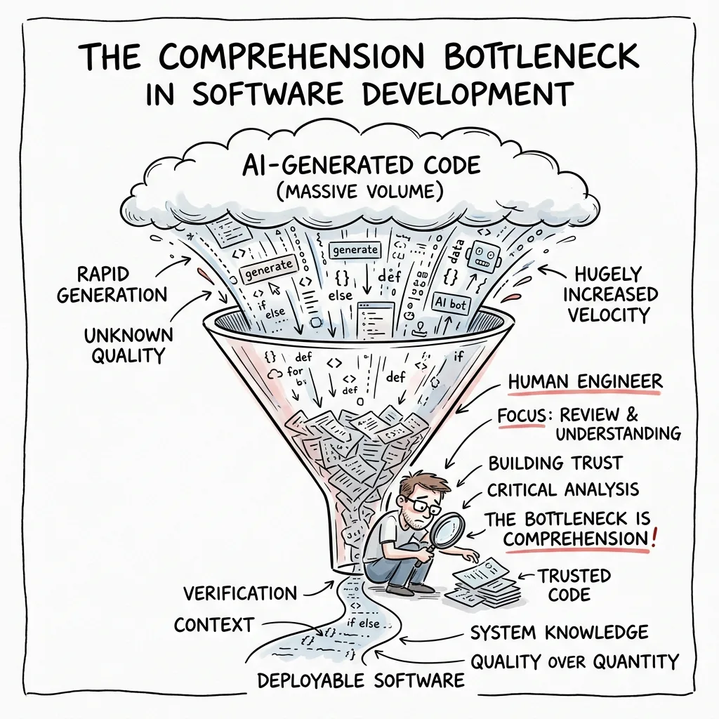 The Comprehension Bottleneck — human review constraints cheap code generation